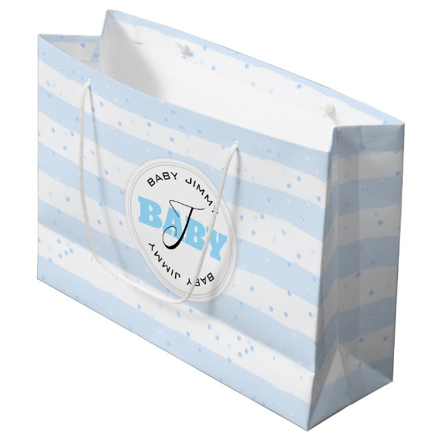 Blue and White Monogrammed Baby Stripes Large Gift Bag (Front Angled)
