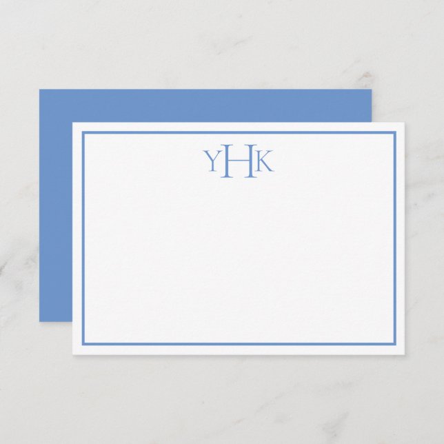 BLue and White Monogrammed Flat Note Card (Front/Back)