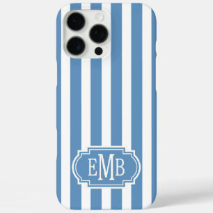 Blue and White Monogrammed Stripes iPhone 16 Pro Max Case