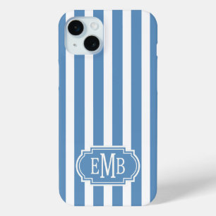 Blue and White Monogrammed Stripes iPhone 15 Mini Case
