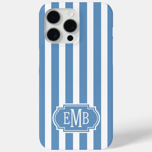 Blue and White Monogrammed Stripes Case-Mate iPhone Case (Back)