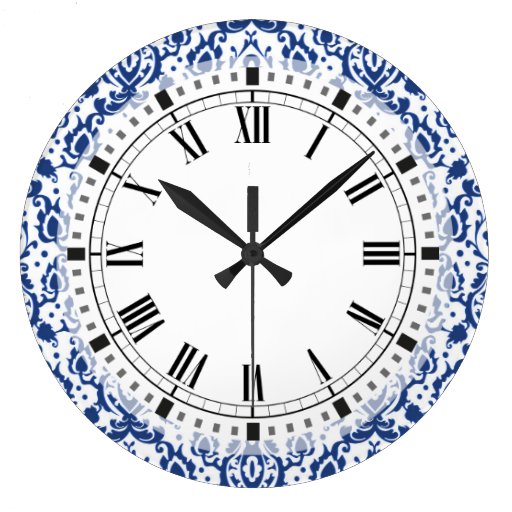 Image of Blue and White Moroccan Casbah Damask Large Clock