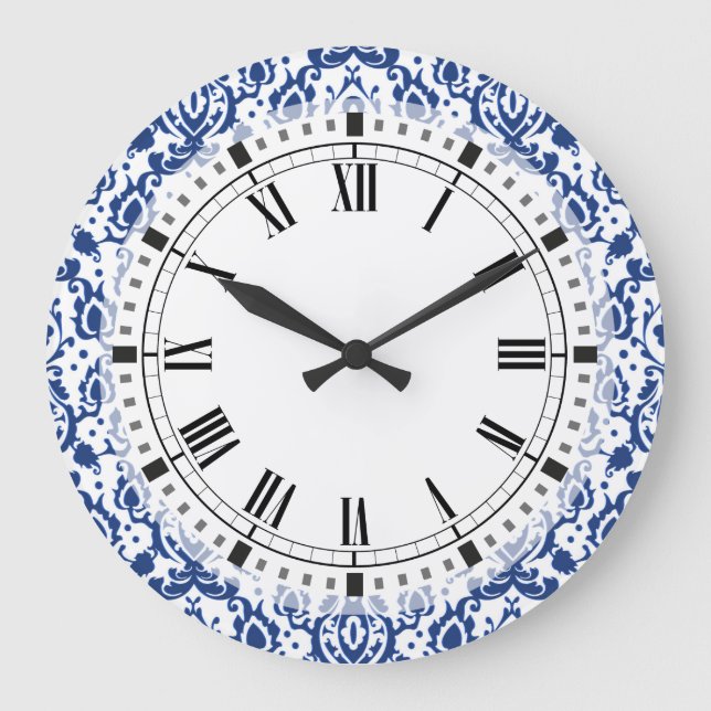 Blue and White Moroccan Casbah Damask Large Clock (Front)