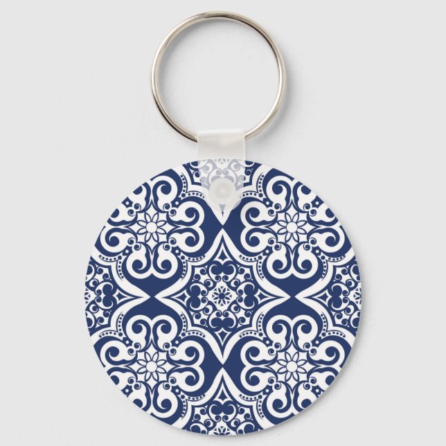 Blue and White Moroccan Pattern Key Ring (Front)