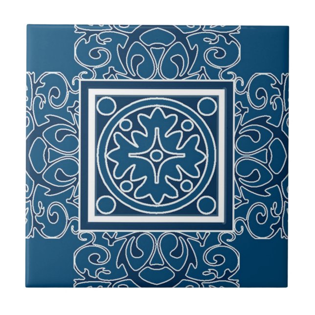 Blue and White Moroccan Patterned Tile (Front)