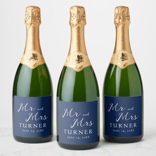 Blue and White Mr and Mrs Wedding Sparkling Wine Label (Bottles)