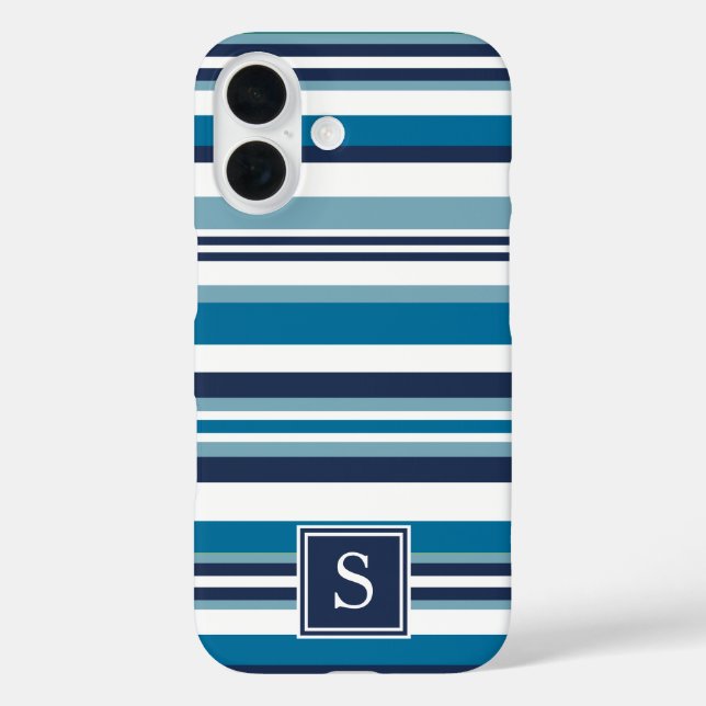 Blue and White Multi Stripe Monogram Case-Mate iPhone Case (Back)