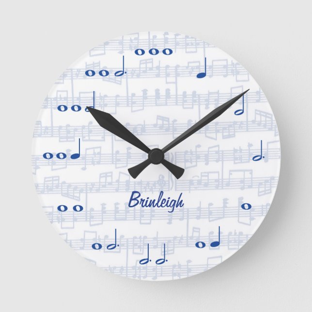 Blue and White Music Notes Round Clock (Front)