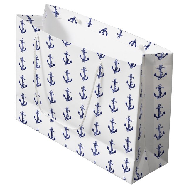 Blue and white nautical anchor large gift bag (Front Angled)