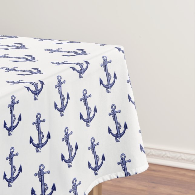 Blue and white nautical anchor tablecloth (In Situ)
