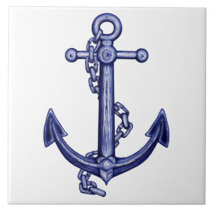 Blue and white nautical anchor tile