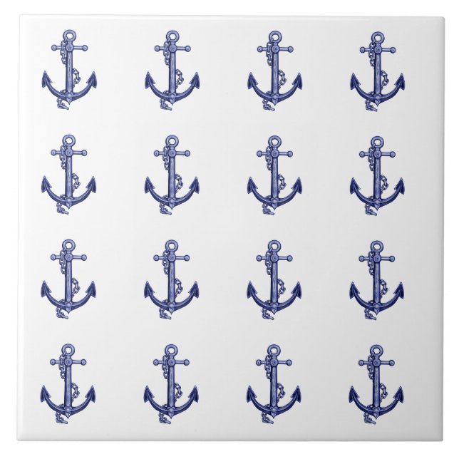 Blue and white nautical anchors ceramic tile (Front)