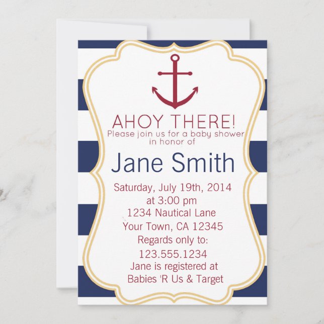 Blue and White Nautical Baby Shower Invitation (Front)