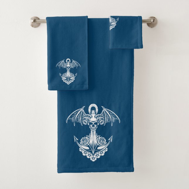 Blue and white nautical boat anchor bath towel set (Insitu)