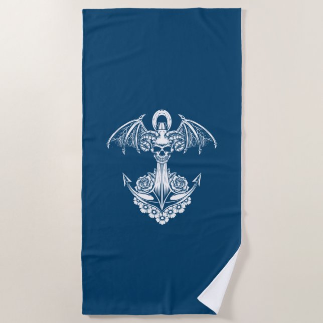 Blue and white nautical boat anchor beach towel (Front)