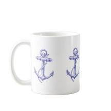 Blue and White Nautical Coffee Cup with Anchors