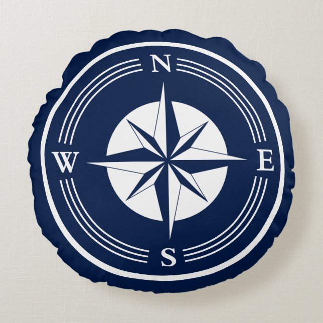 Blue and White Nautical Compass, Nautical Round Cushion (Front)