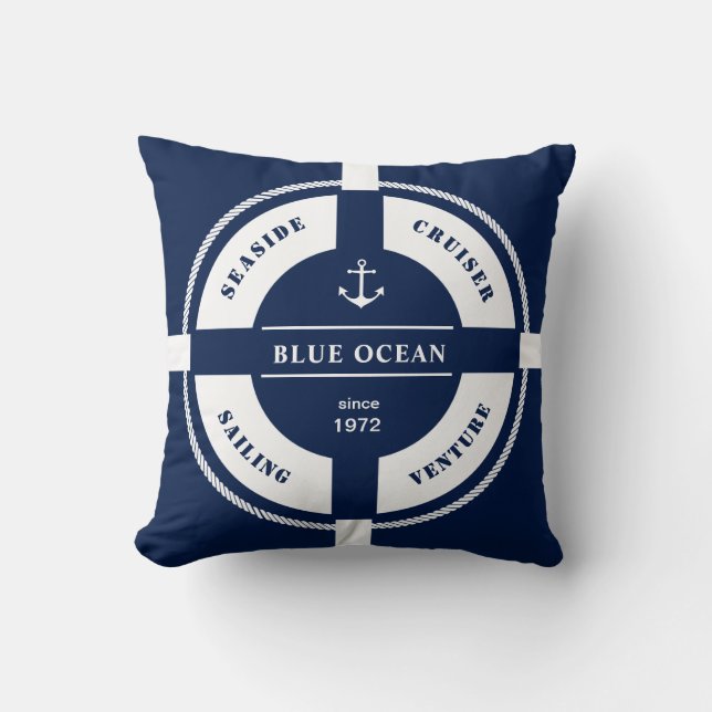 Blue and White Nautical Lifebuoy Elegance Cushion (Front)