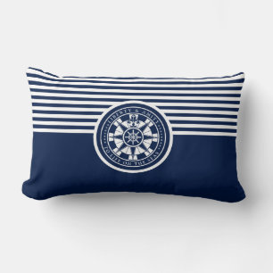 Blue and White Nautical Pillow, Compass, Maritime Lumbar Cushion