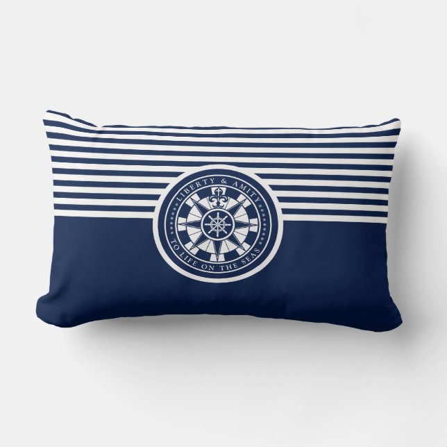 Blue and White Nautical Pillow, Compass, Maritime Lumbar Cushion (Front)