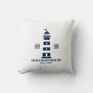 Blue and White Nautical Pillow, Lighthouse Badge Cushion