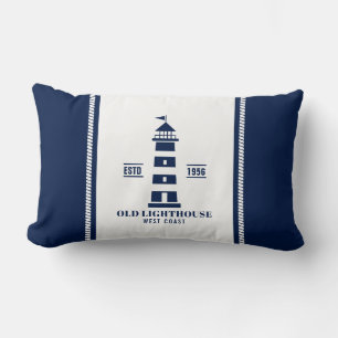 Blue and White Nautical Pillow, Lighthouse Badge Lumbar Cushion