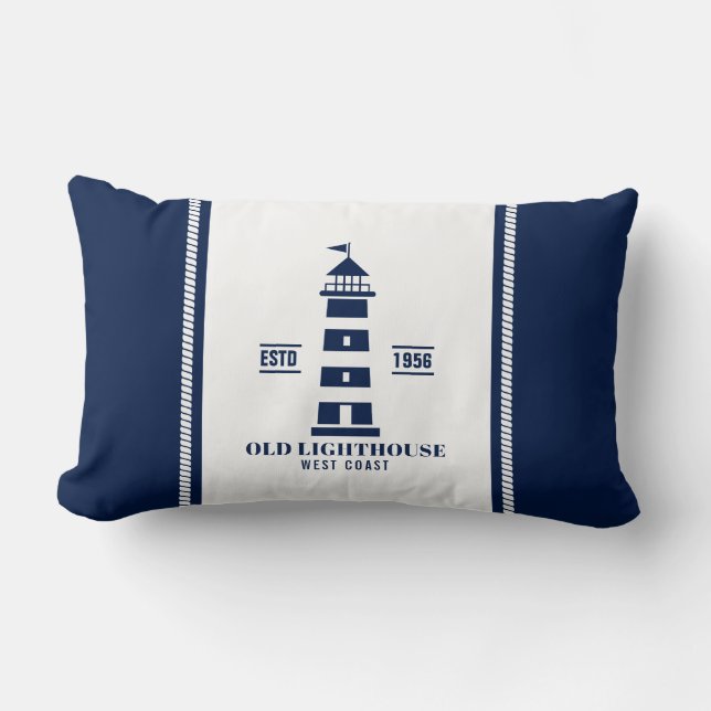 Blue and White Nautical Pillow, Lighthouse Badge Lumbar Cushion (Front)