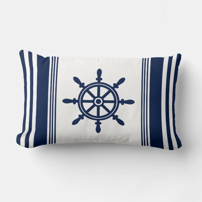 Blue and White Nautical Pillow, Ship Wheel Lumbar Cushion (Front)