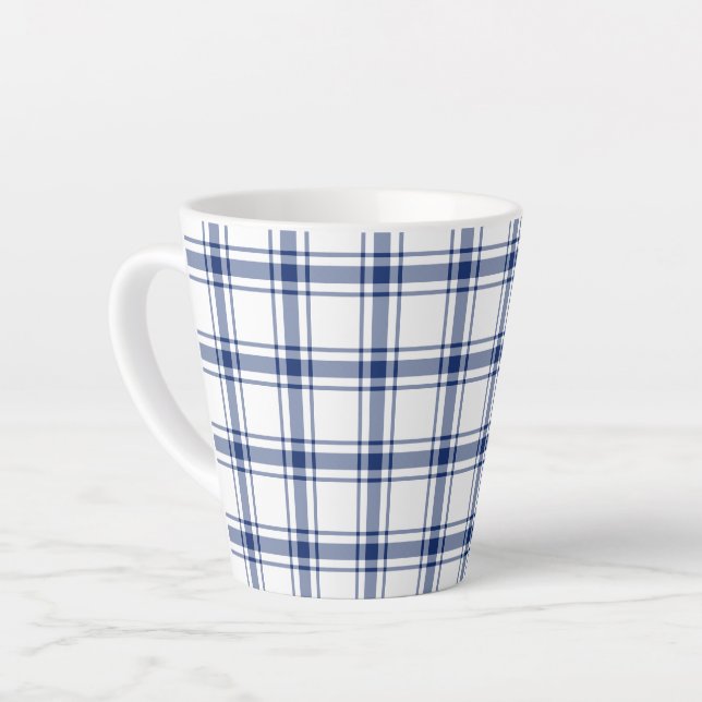 Blue and White Nautical Plaid Latte Mug (Left Angle)