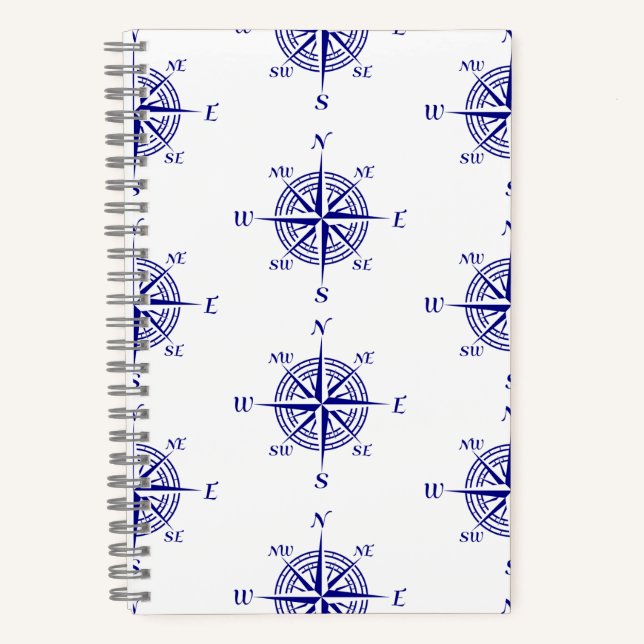 Blue and White Nautical Sailing Compass Notebook (Front)
