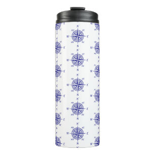 Blue and White Nautical Sailing Compass Thermal Tumbler
