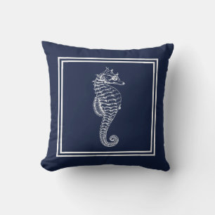 Blue and White Nautical Seahorse Cushion