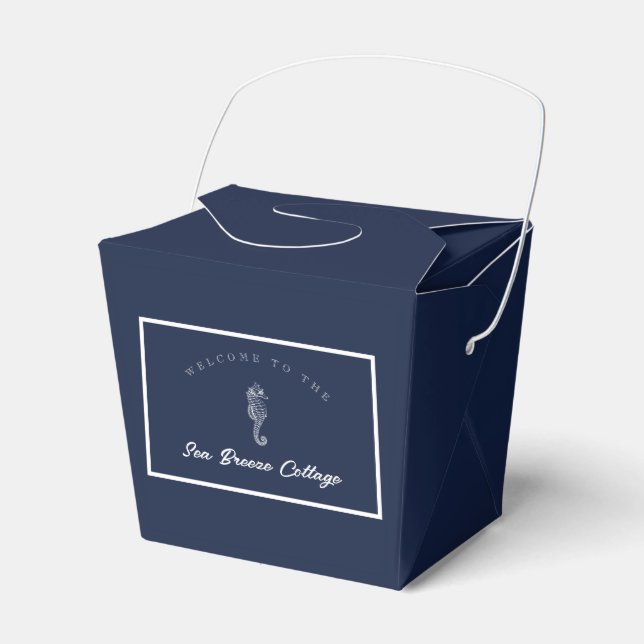 Blue and White Nautical Seahorse Favour Box (Front Side)