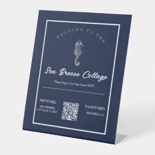 Blue and White Nautical Seahorse Hospitality Wifi Pedestal Sign