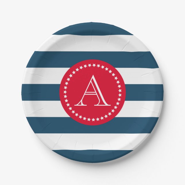 Blue and white navy pattern paper plate (Front)