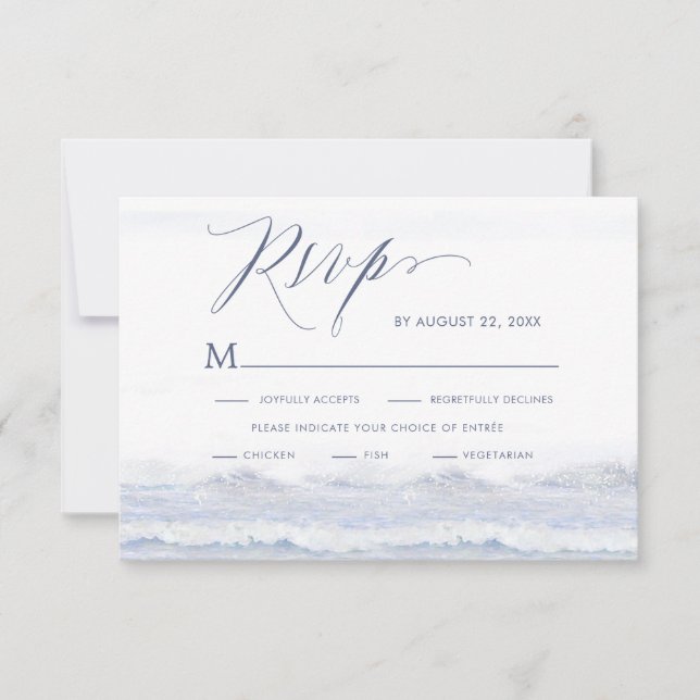 Blue and White Ocean Destination Wedding RSVP Card (Front)