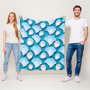 Blue and White Ocean Seashells Pattern Fleece Blanket