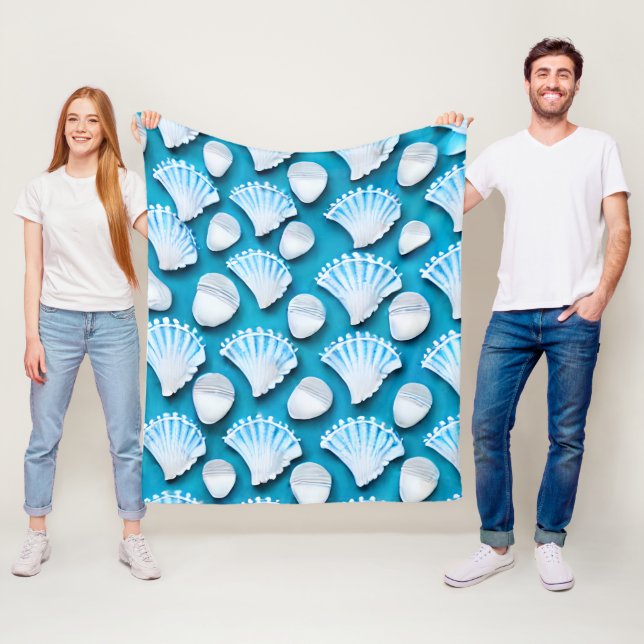 Blue and White Ocean Seashells Pattern Fleece Blanket (In Situ)
