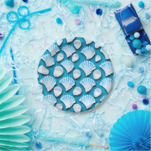 Blue and White Ocean Seashells Pattern Paper Plate