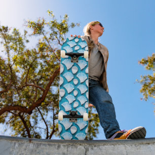 Blue and White Ocean Seashells Pattern Skateboard