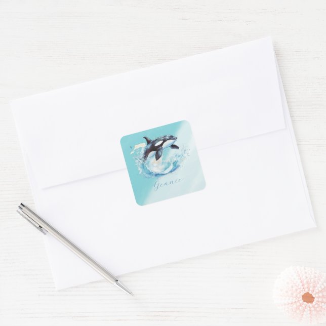 Blue and White Ocra Ocean Beach Nautical Square Sticker (Envelope)