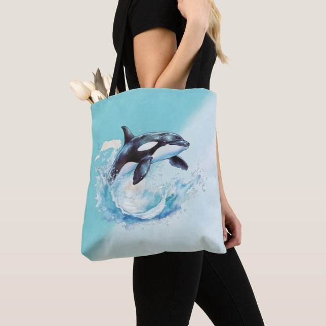 Blue and White Ocra Ocean Beach Nautical Tote Bag (Close Up)