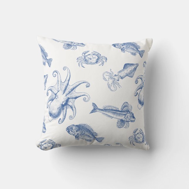 Blue and White Octopus, Squid, Crabs and Fish Cushion (Front)
