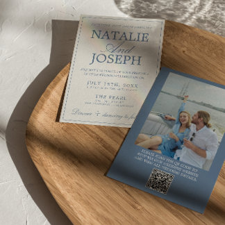 Blue And White Old Money Photo QR Code Wedding Invitation