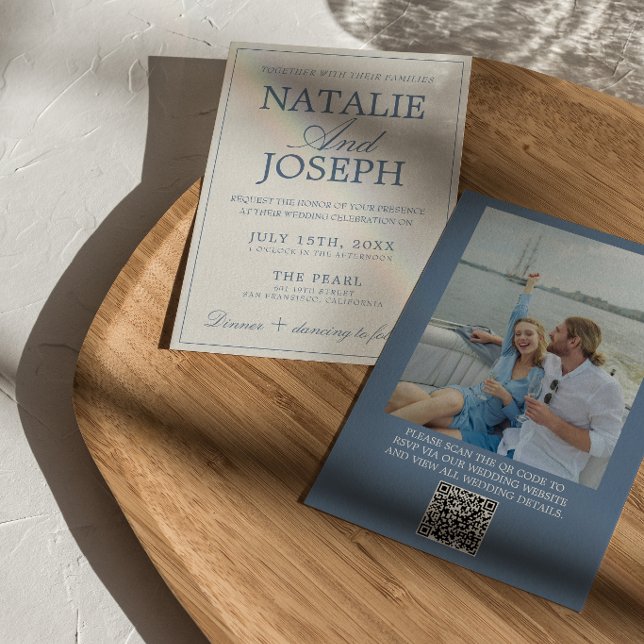 Blue And White Old Money Photo QR Code Wedding Invitation (Creator Uploaded)