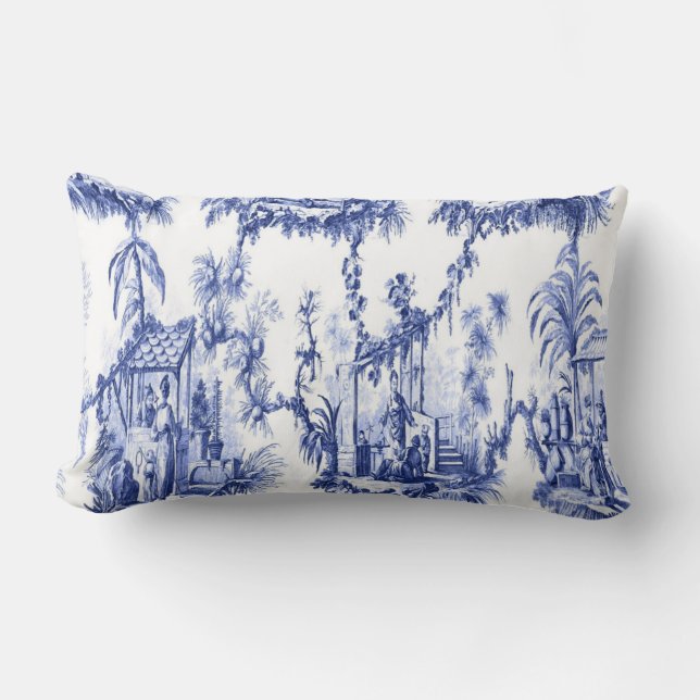 Blue and White Oriental Chinoiserie  Lumbar Cushion (Front)