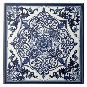 Blue and White Ornamental Floral Medallion Tile