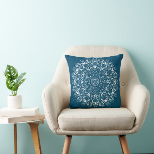 Blue and white owl mandala cushion