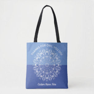 Blue and white owl mandala teacher appreciation tote bag