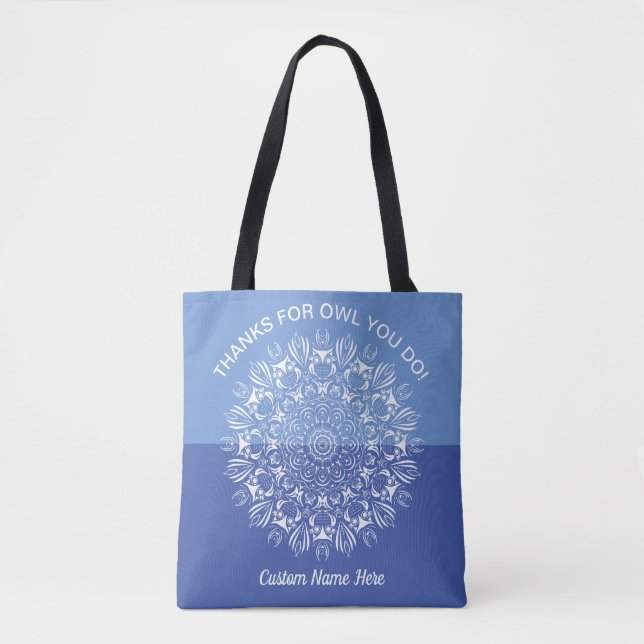 Blue and white owl mandala teacher appreciation tote bag (Front)
